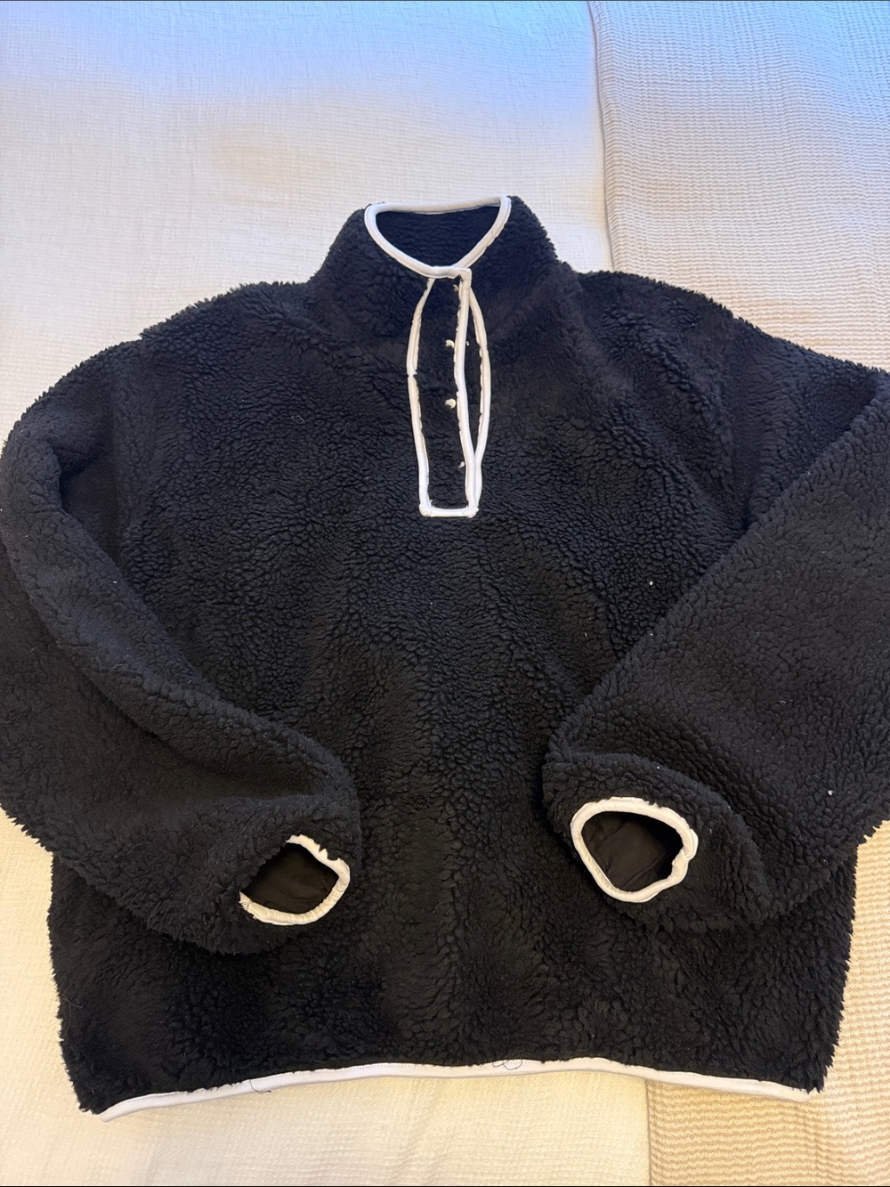 Women’s Black Sherpa Zip-Up Pullover with White Trim
